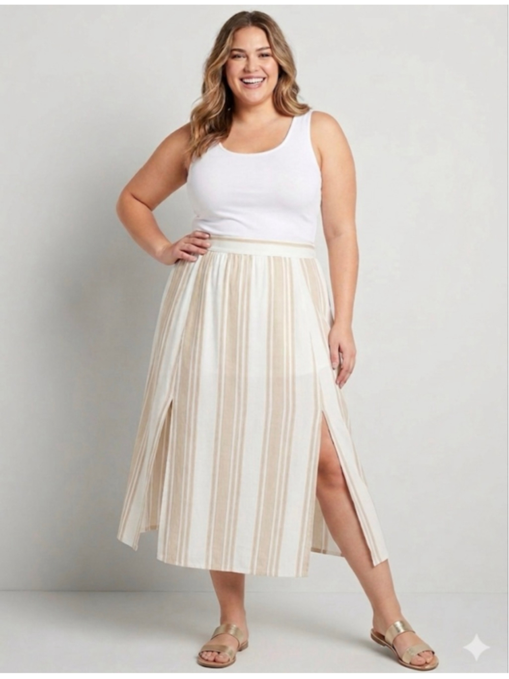 a.n.a Plus XXL White Beige Striped Midi Skirt with Front Slits